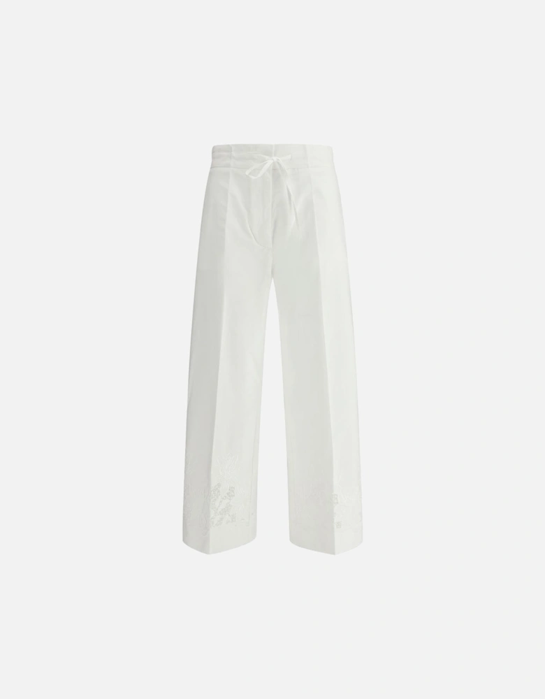 Floral Embroidered Wide Leg Cotton Pants Women - White Jeans