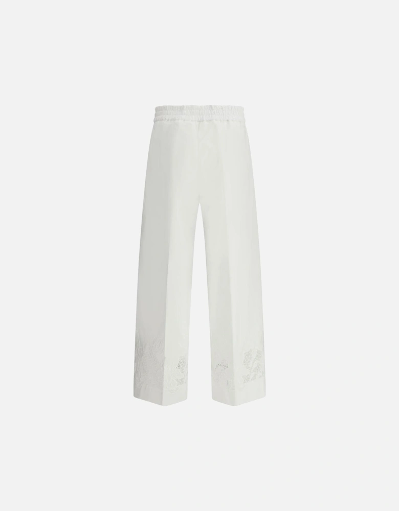 Floral Embroidered Wide Leg Cotton Pants Women - White Jeans