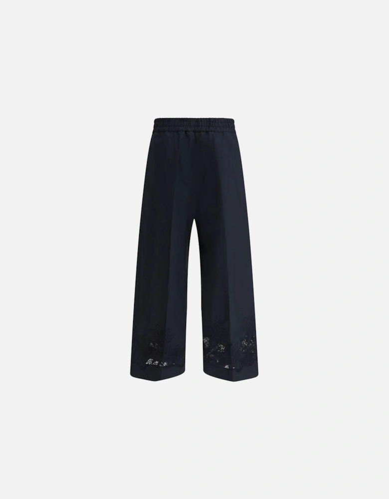 Wide Leg Embroidered Cotton Pants with Elastic Waist Women - Blue