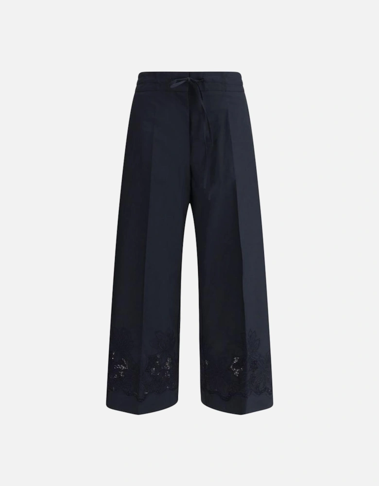 Wide Leg Embroidered Cotton Pants with Elastic Waist Women - Blue