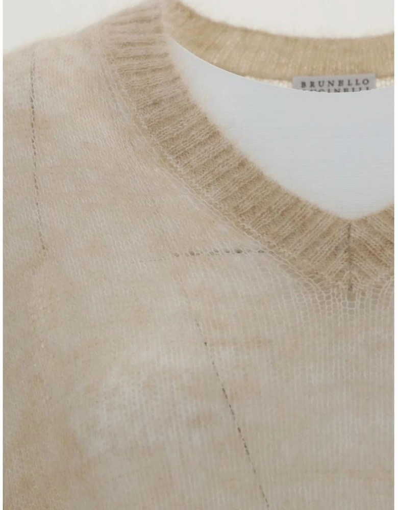 V-Neck Mohair Wool Sweater with Ribbed Cuffs and Hem Women - Beige