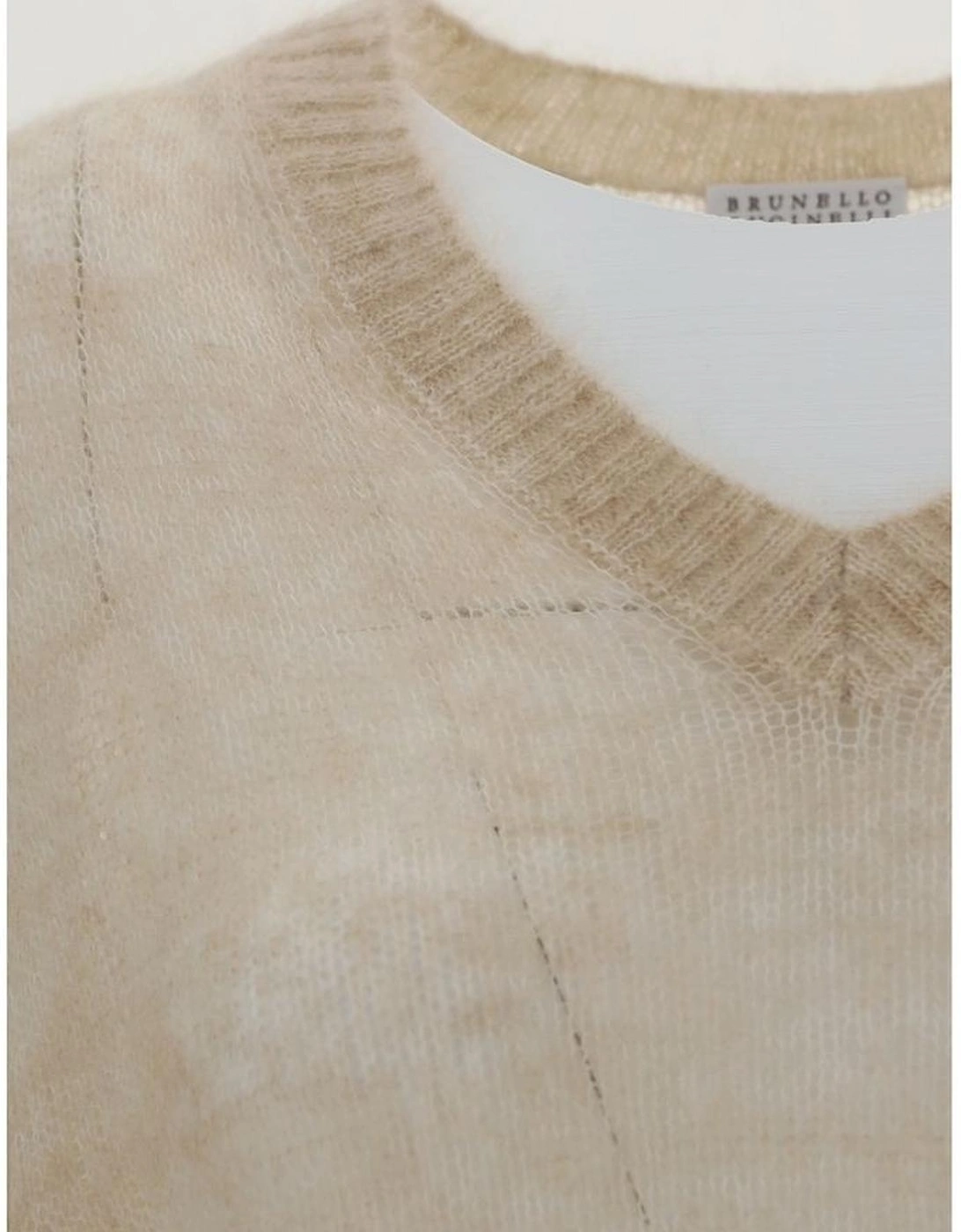V-Neck Mohair Wool Sweater with Ribbed Cuffs and Hem Women - Beige