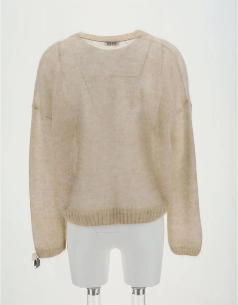 V-Neck Mohair Wool Sweater with Ribbed Cuffs and Hem Women - Beige