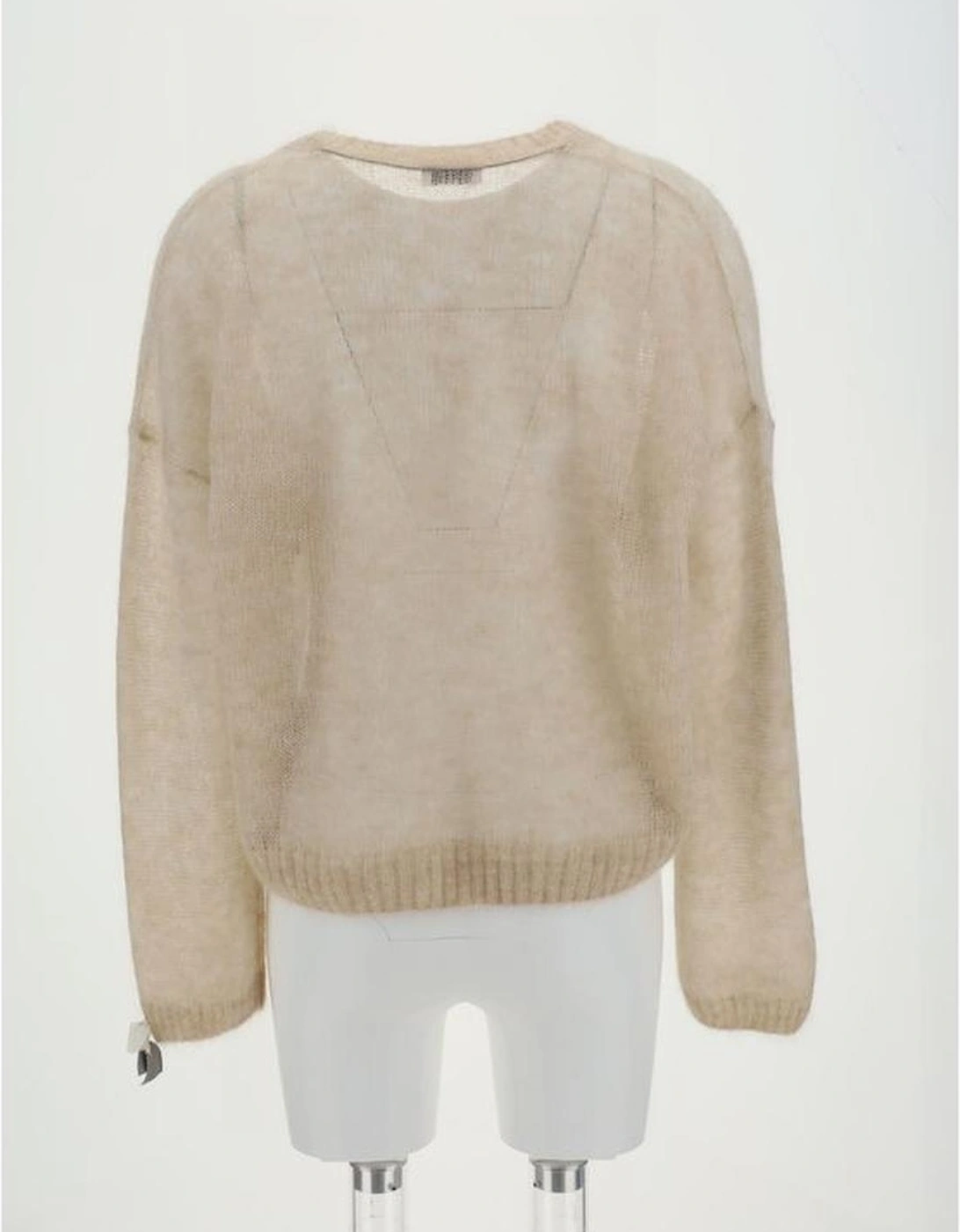 V-Neck Mohair Wool Sweater with Ribbed Cuffs and Hem Women - Beige
