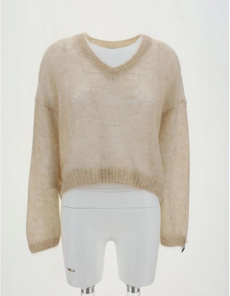 V-Neck Mohair Wool Sweater with Ribbed Cuffs and Hem Women - Beige