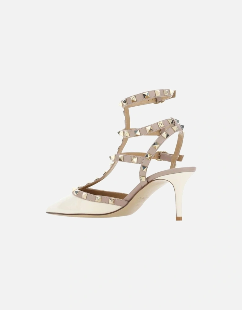 Patent Leather Rockstud Pumps with Geometric Toe and Ankle Straps