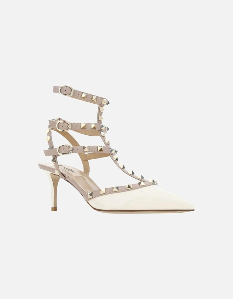 Patent Leather Rockstud Pumps with Geometric Toe and Ankle Straps