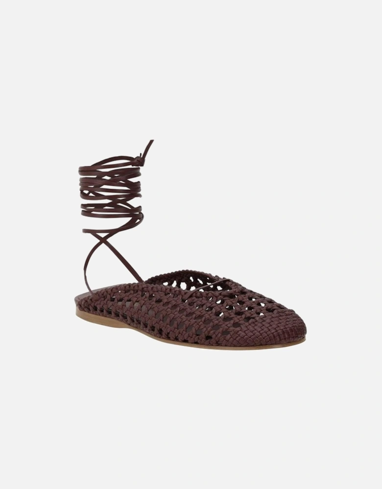 Leather Mesh-Effect Ribbon Tie Mules Women - Brown Flats