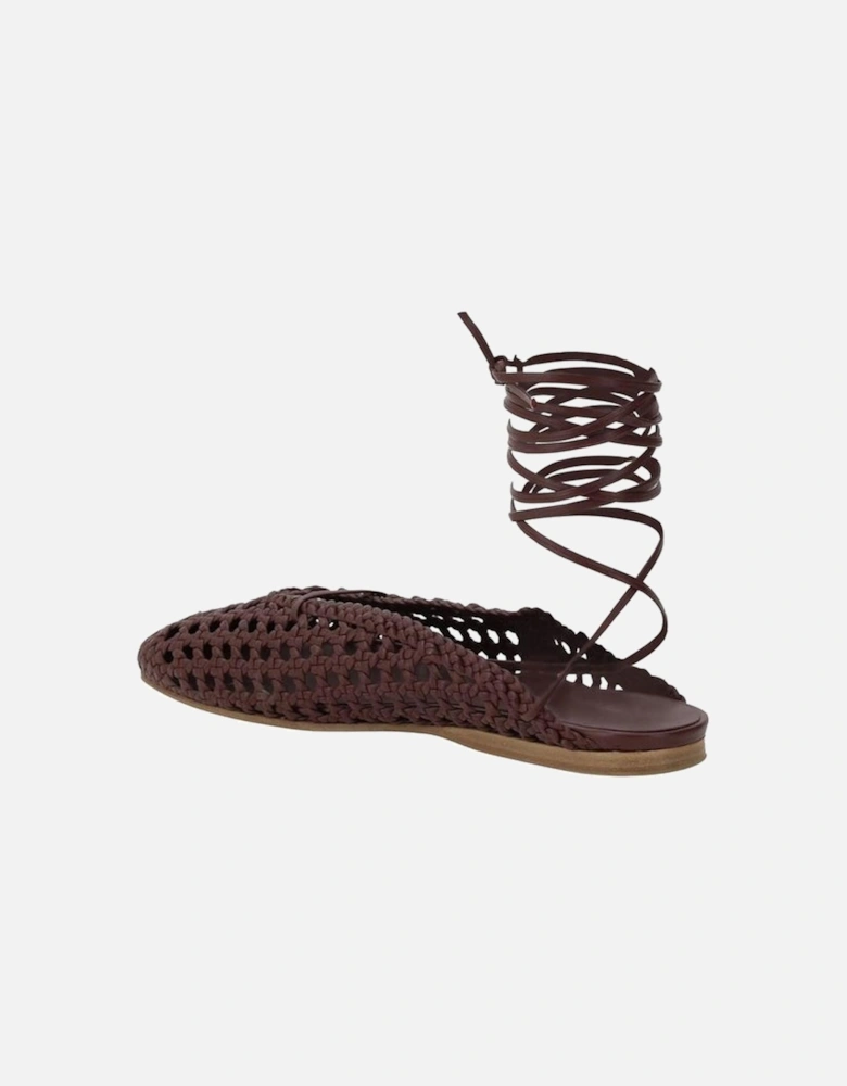 Leather Mesh-Effect Ribbon Tie Mules Women - Brown Flats