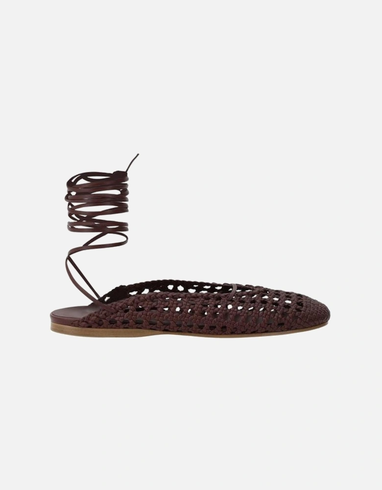 Leather Mesh-Effect Ribbon Tie Mules Women - Brown Flats