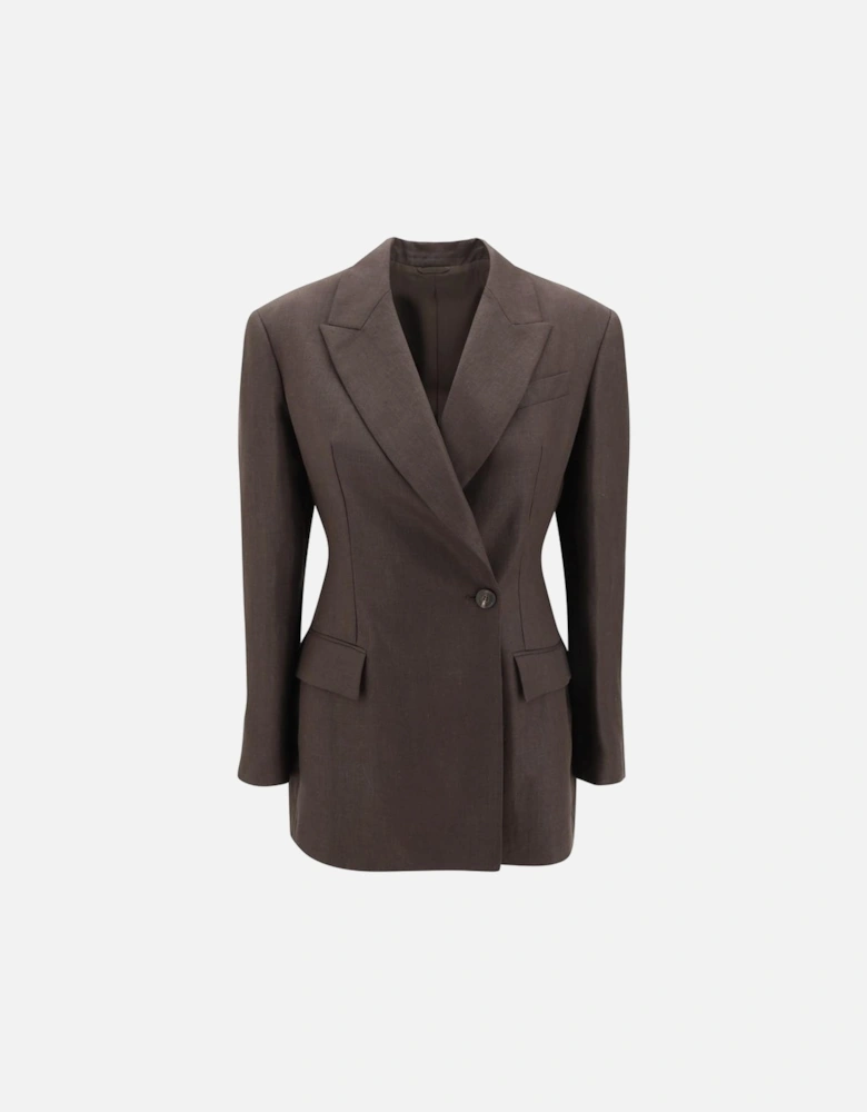 Linen Double-Breasted Blazer with Peak Lapel Women - Brown Suits