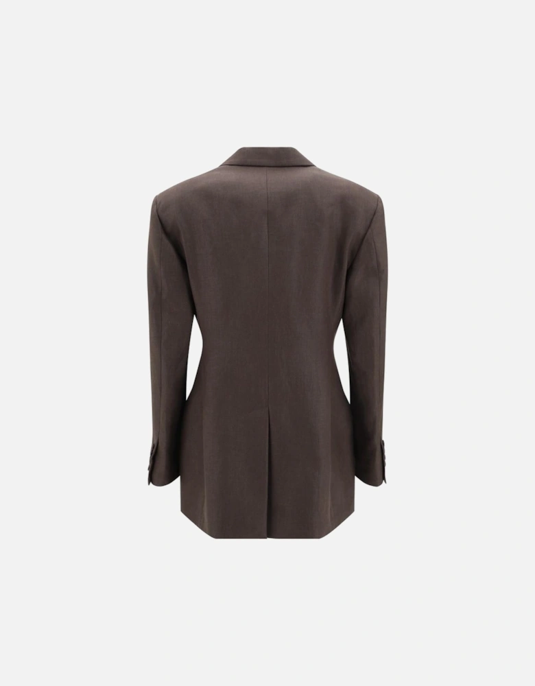 Linen Double-Breasted Blazer with Peak Lapel Women - Brown Suits