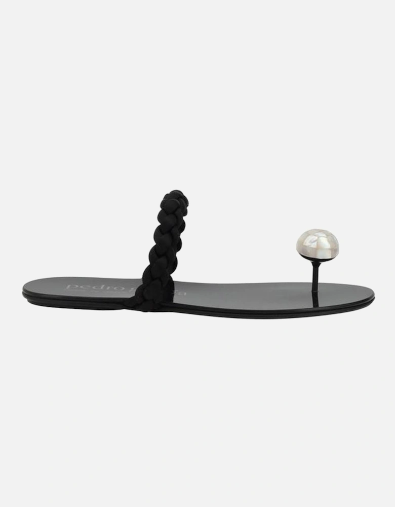 Hand-Woven Silk Satin Sandals with Mother-of-Pearl Trim Women - Black