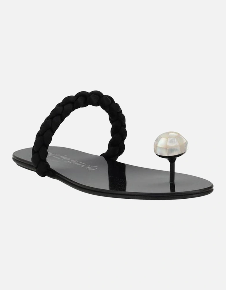 Hand-Woven Silk Satin Sandals with Mother-of-Pearl Trim Women - Black