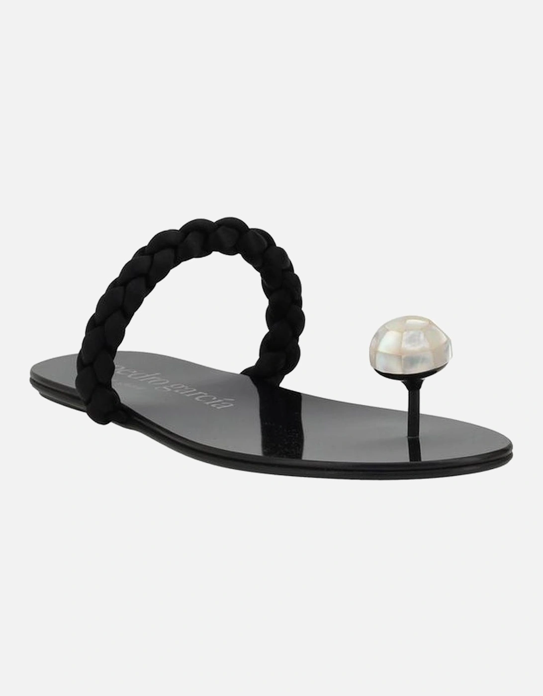 Hand-Woven Silk Satin Sandals with Mother-of-Pearl Trim Women - Black