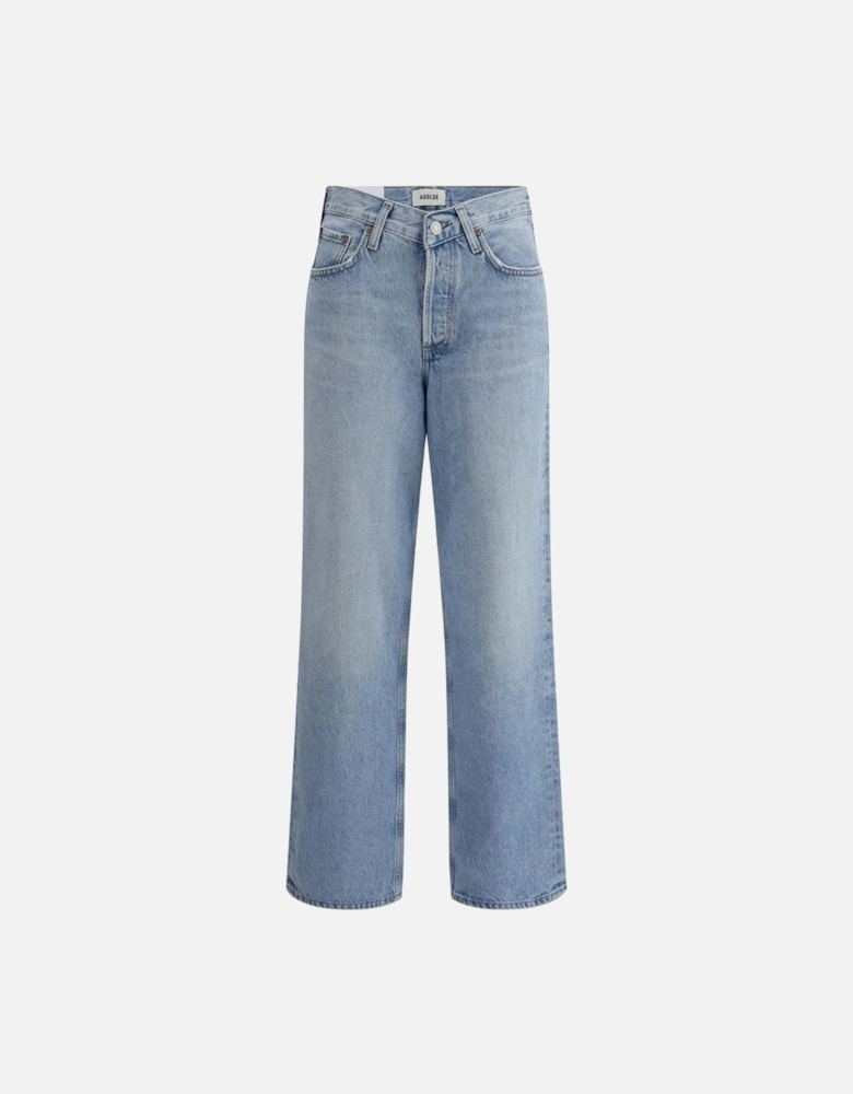 Baggy Fit V-Waist Jeans with Five Pockets Women - Light Blue Jeans