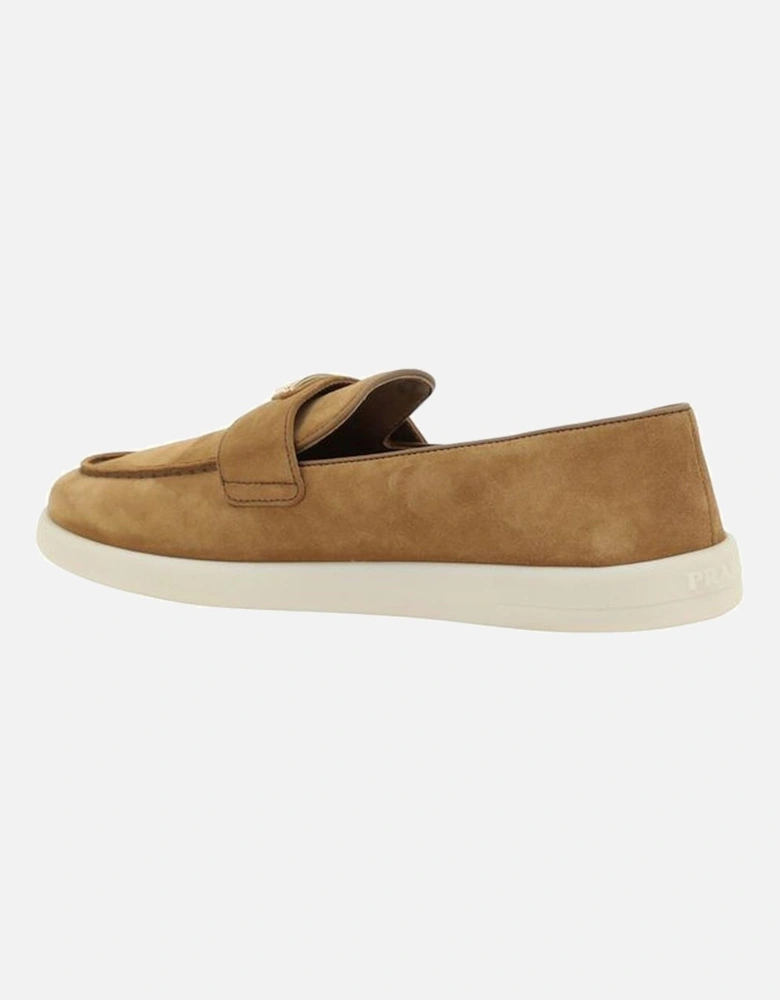 Leather Suede Loafers with Triangular Plaque Women - Brown Flat Shoes