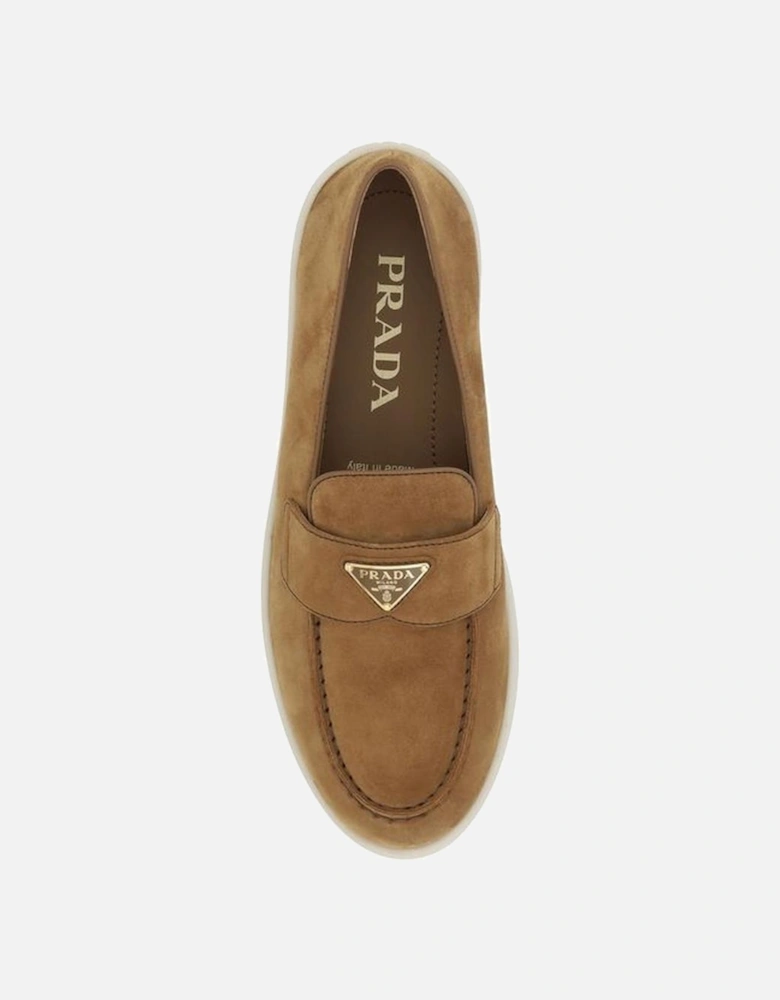 Leather Suede Loafers with Triangular Plaque Women - Brown Flat Shoes