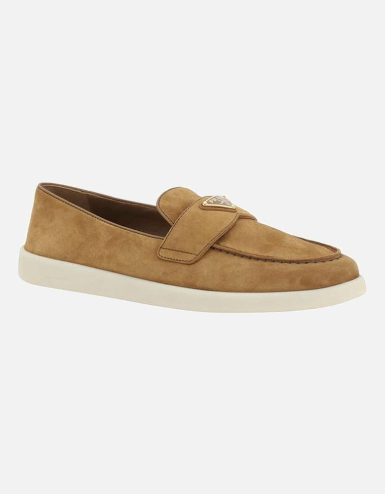 Leather Suede Loafers with Triangular Plaque Women - Brown Flat Shoes