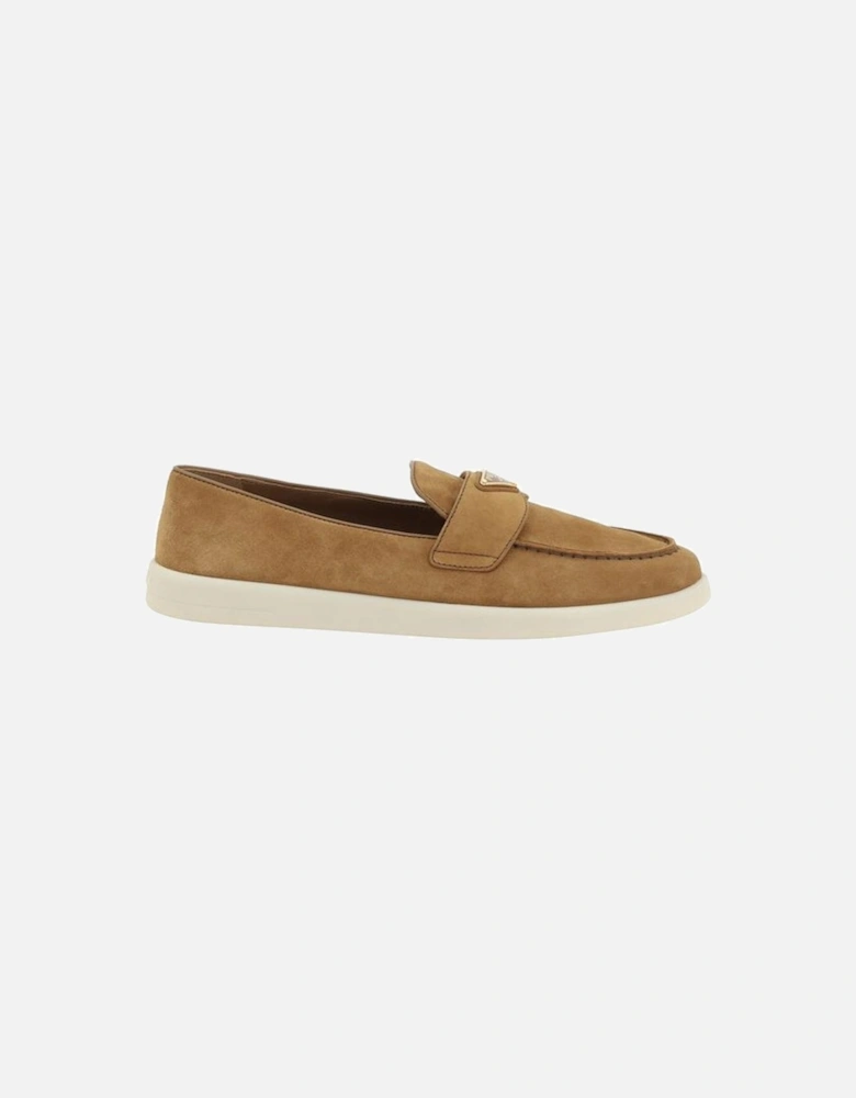 Leather Suede Loafers with Triangular Plaque Women - Brown Flat Shoes