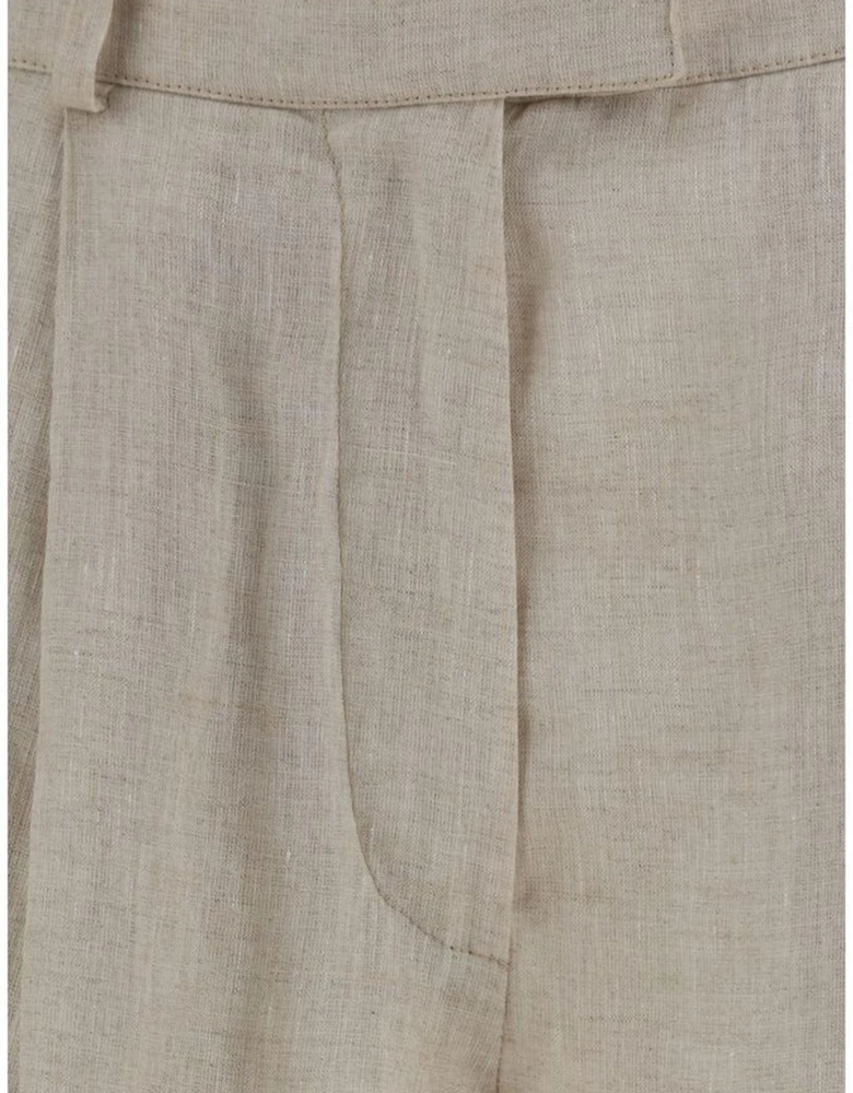 Linen Shorts with Belt Loops and Pockets Women - Beige
