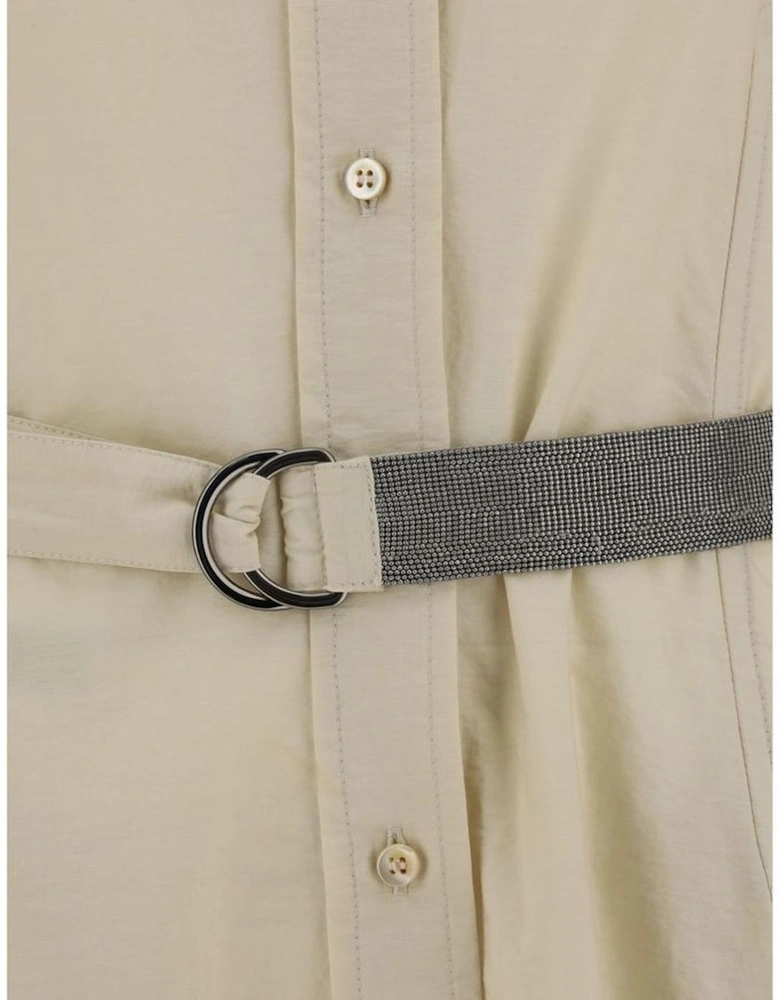 Belted Cotton Shirt Dress Women - Beige Dresses