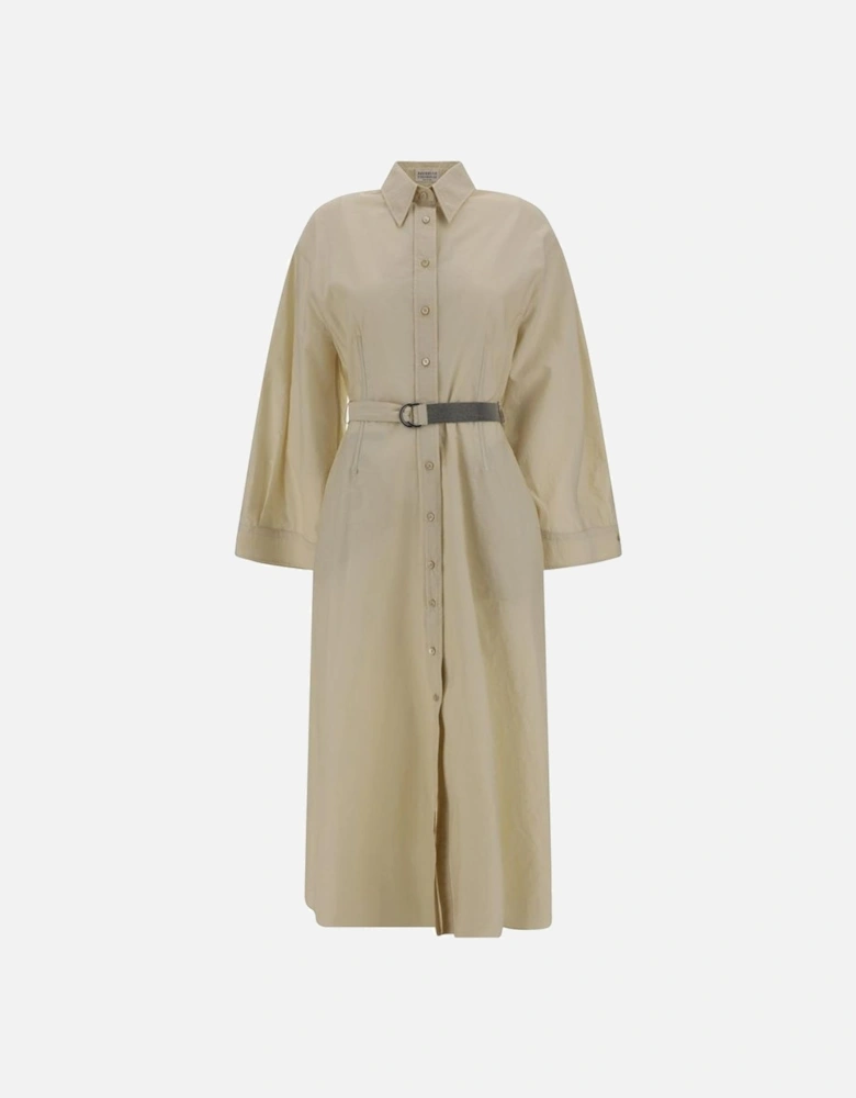 Belted Cotton Shirt Dress Women - Beige Dresses
