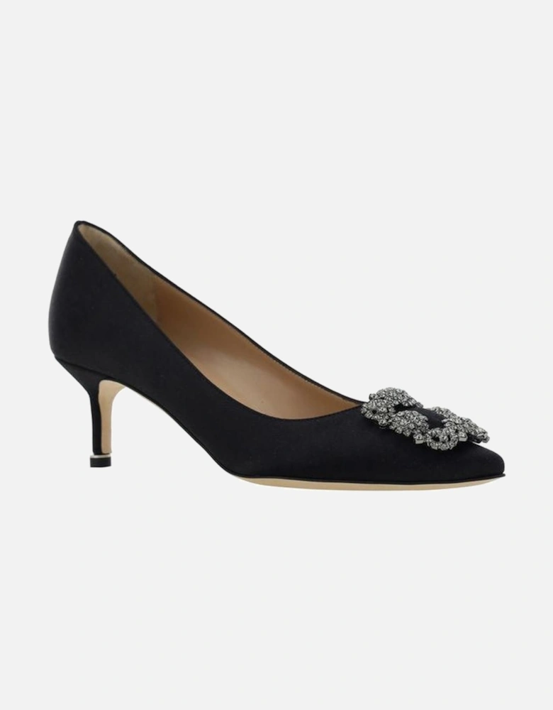 Silk Satin Almond Toe Pumps with Crystal Buckle Women - Black