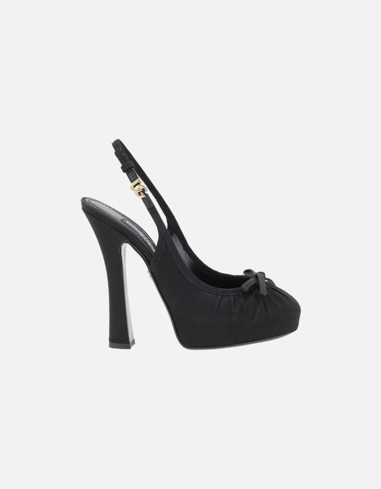 Gathered Satin Pumps with Applique Bow Women - Black Sandals