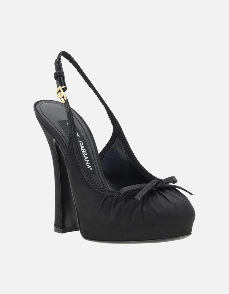 Gathered Satin Pumps with Applique Bow Women - Black Sandals