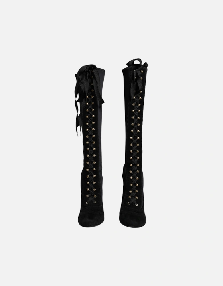 Mid Calf Lace-Up Fabric Boots Women - Black