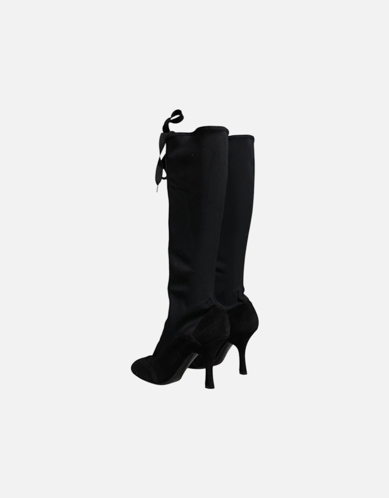 Mid Calf Lace-Up Fabric Boots Women - Black