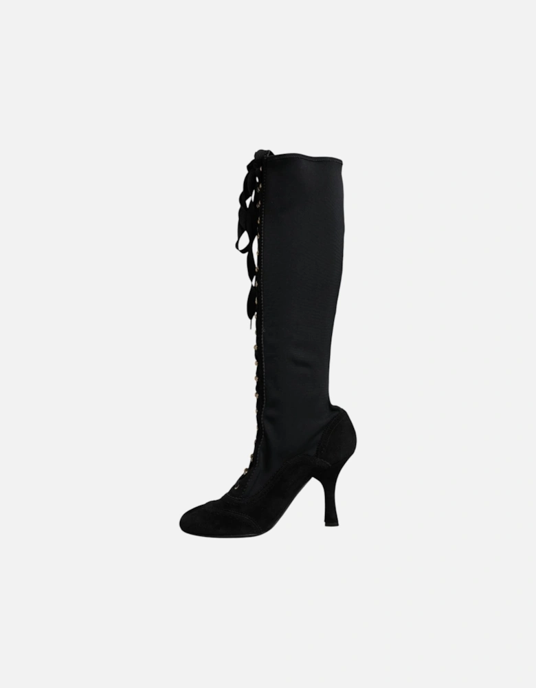 Mid Calf Lace-Up Fabric Boots Women - Black