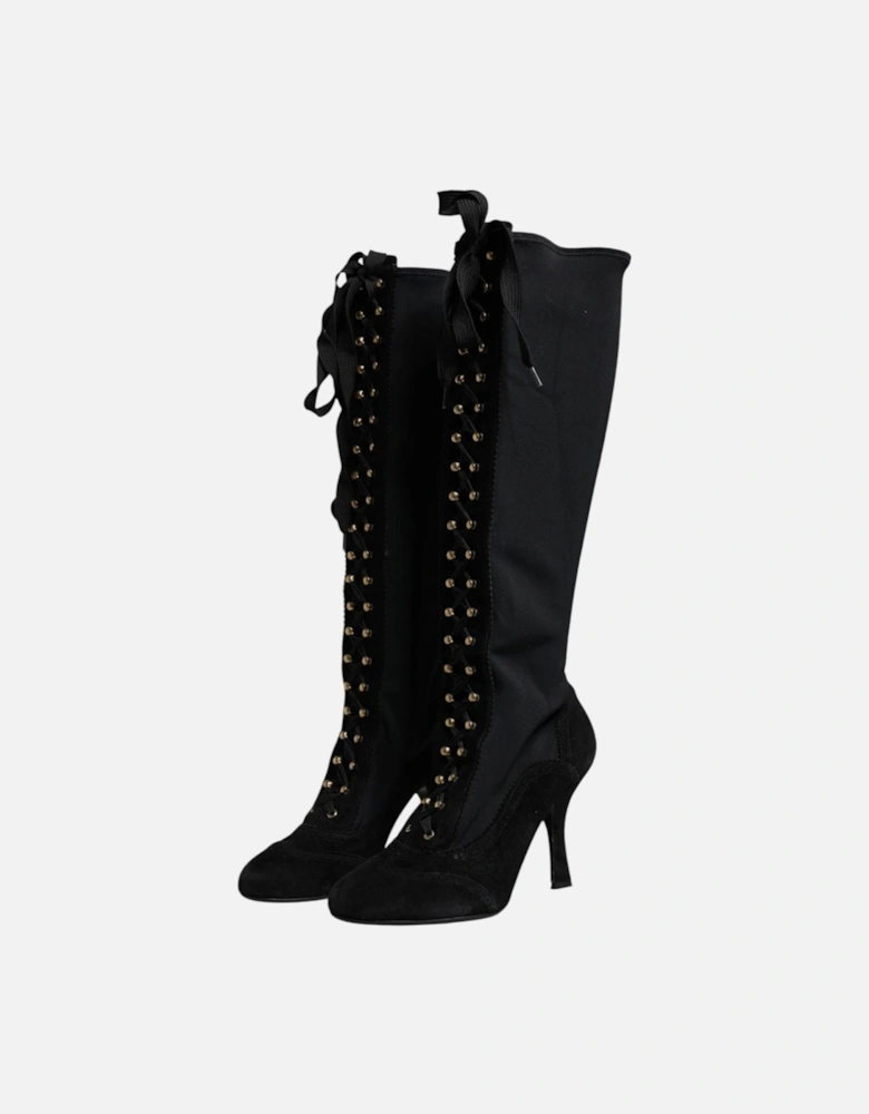 Mid Calf Lace-Up Fabric Boots Women - Black