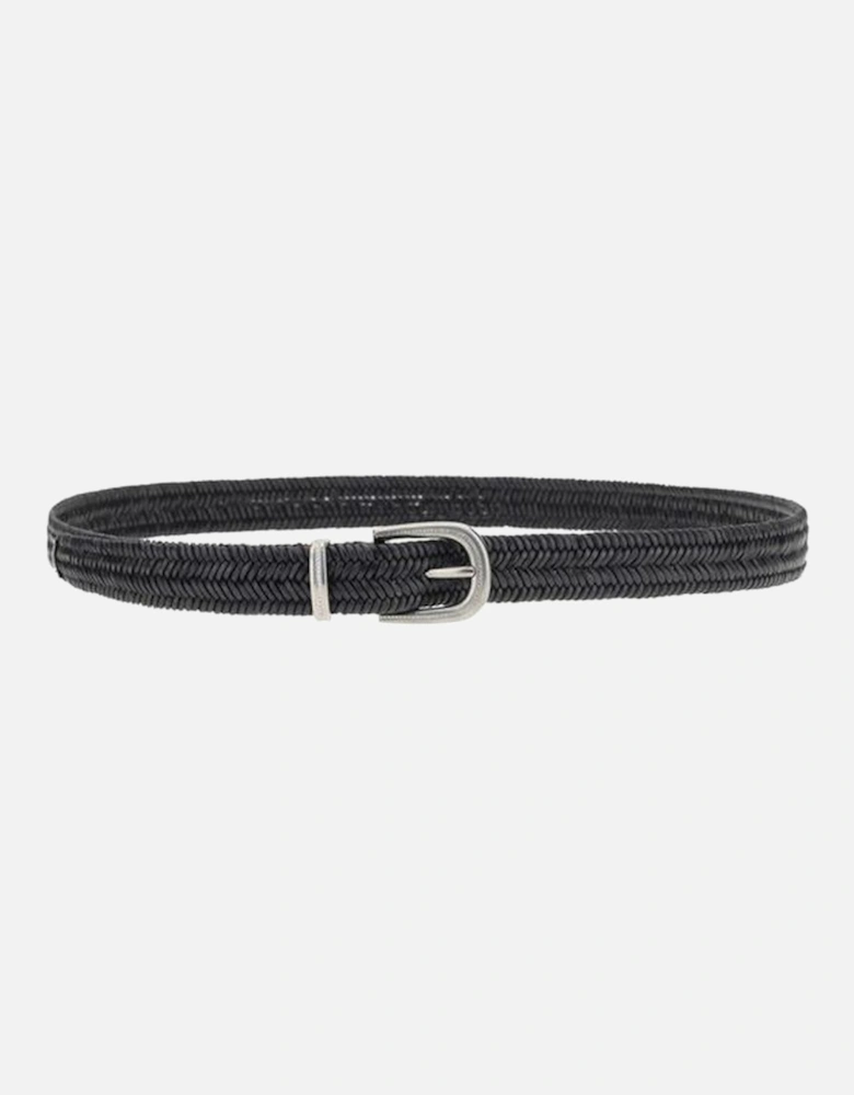 Braided Stretch Leather Belt with Contrasting Buckle Women - Black