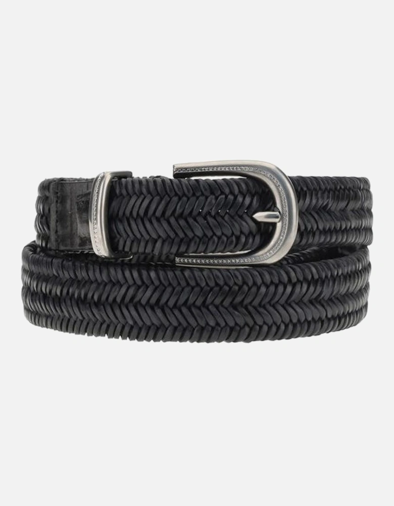 Braided Stretch Leather Belt with Contrasting Buckle Women - Black