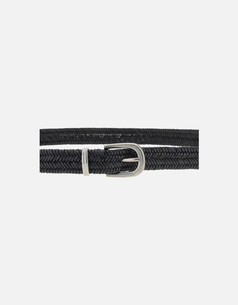 Braided Stretch Leather Belt with Contrasting Buckle Women - Black