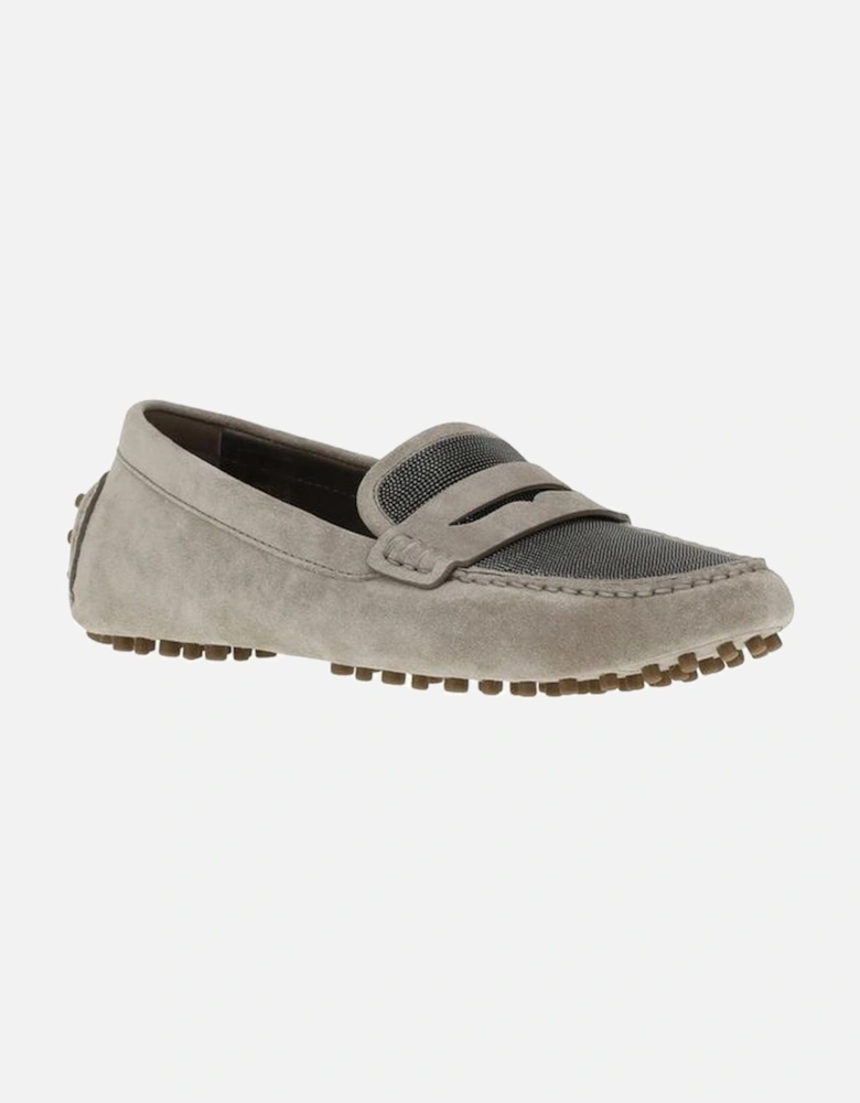Suede Loafers with Jewel Embellished Front Women - Gray Flats