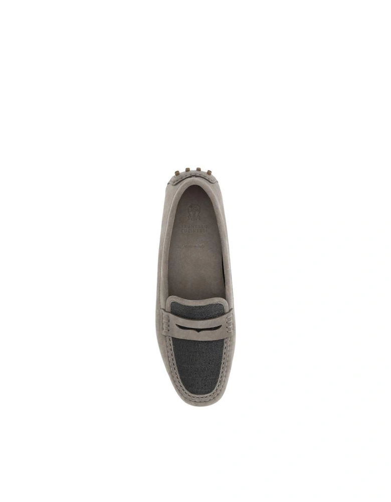 Suede Loafers with Jewel Embellished Front Women - Gray Flats