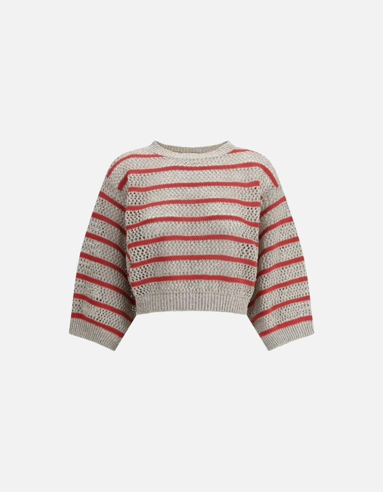 Cropped Knit Sweater Three Quarter Sleeves Women - Beige