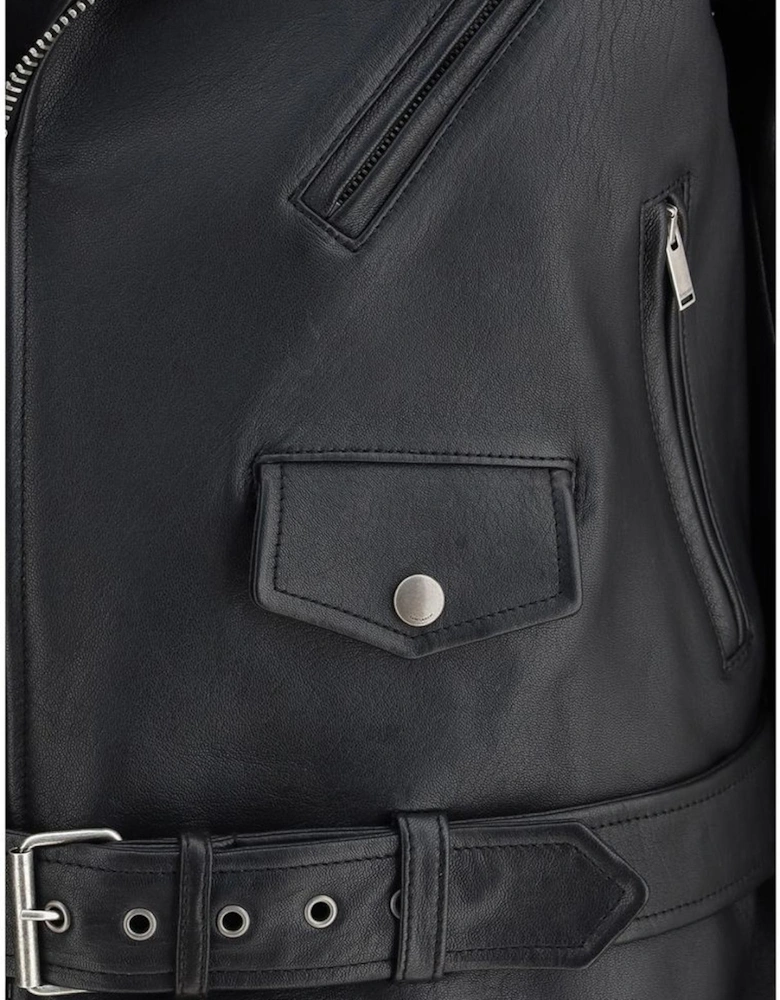 Leather Jacket with Asymmetric Zip and Belt Women - Black Jackets