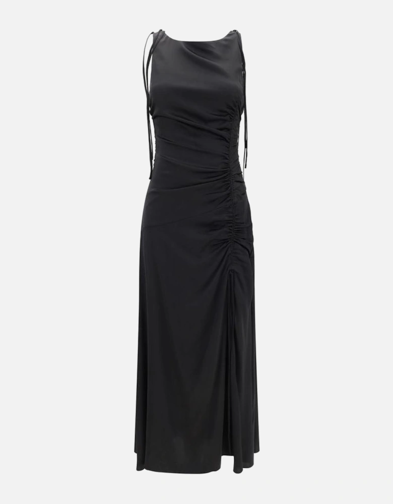 Satin Long Dress with Lace-Up Neckline and Ruffles Women - Black