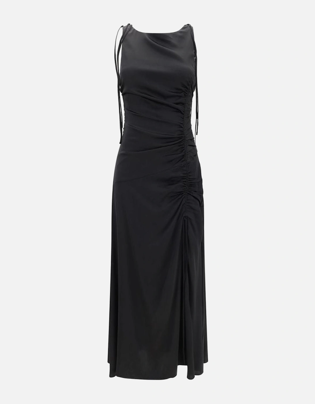 Satin Long Dress with Lace-Up Neckline and Ruffles Women - Black, 4 of 3