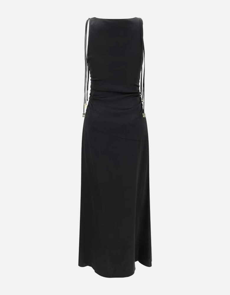 Satin Long Dress with Lace-Up Neckline and Ruffles Women - Black