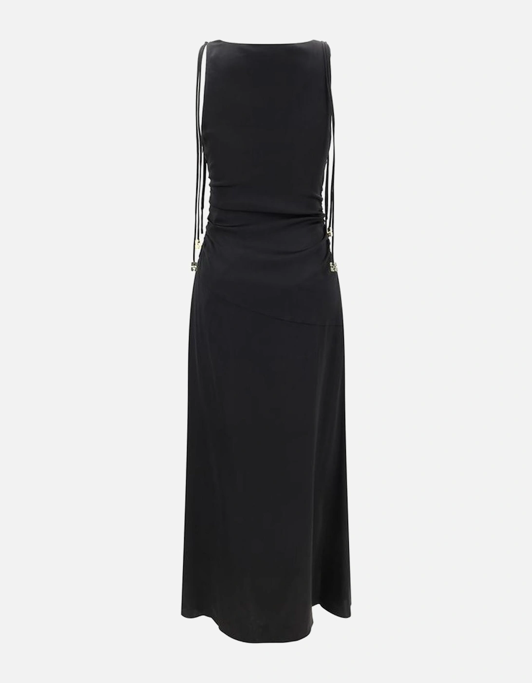 Satin Long Dress with Lace-Up Neckline and Ruffles Women - Black