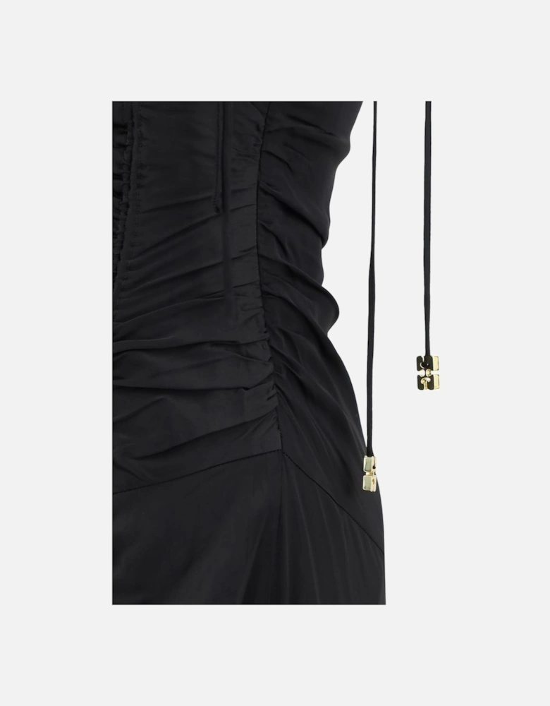 Satin Long Dress with Lace-Up Neckline and Ruffles Women - Black