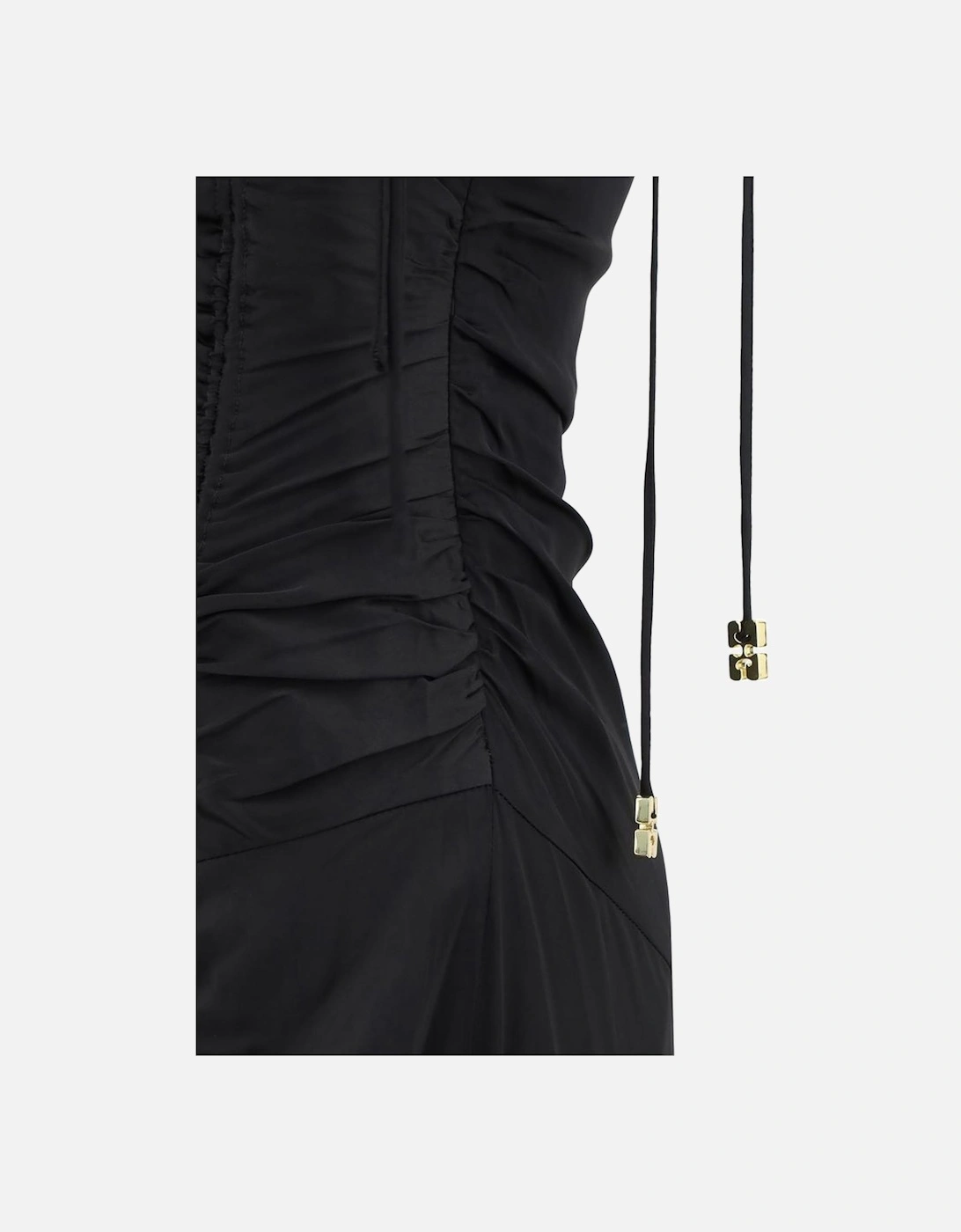Satin Long Dress with Lace-Up Neckline and Ruffles Women - Black