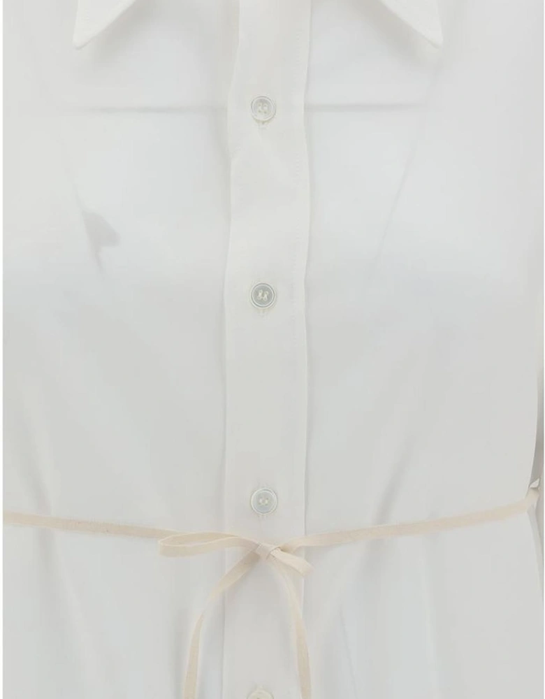Silk Shirt with Pointed Collar and Waist Ribbon Detail Women - White