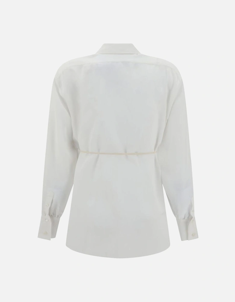 Silk Shirt with Pointed Collar and Waist Ribbon Detail Women - White