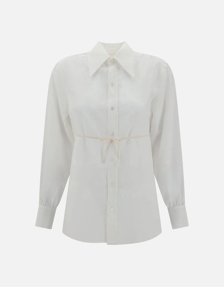 Silk Shirt with Pointed Collar and Waist Ribbon Detail Women - White